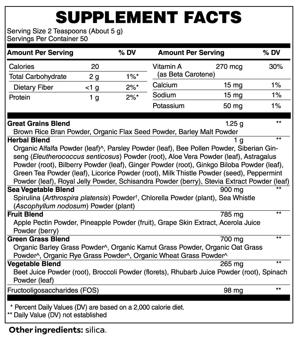 Supplement facts panel listing ingredients, nutritional values, and dietary blends for ViableSupps health product