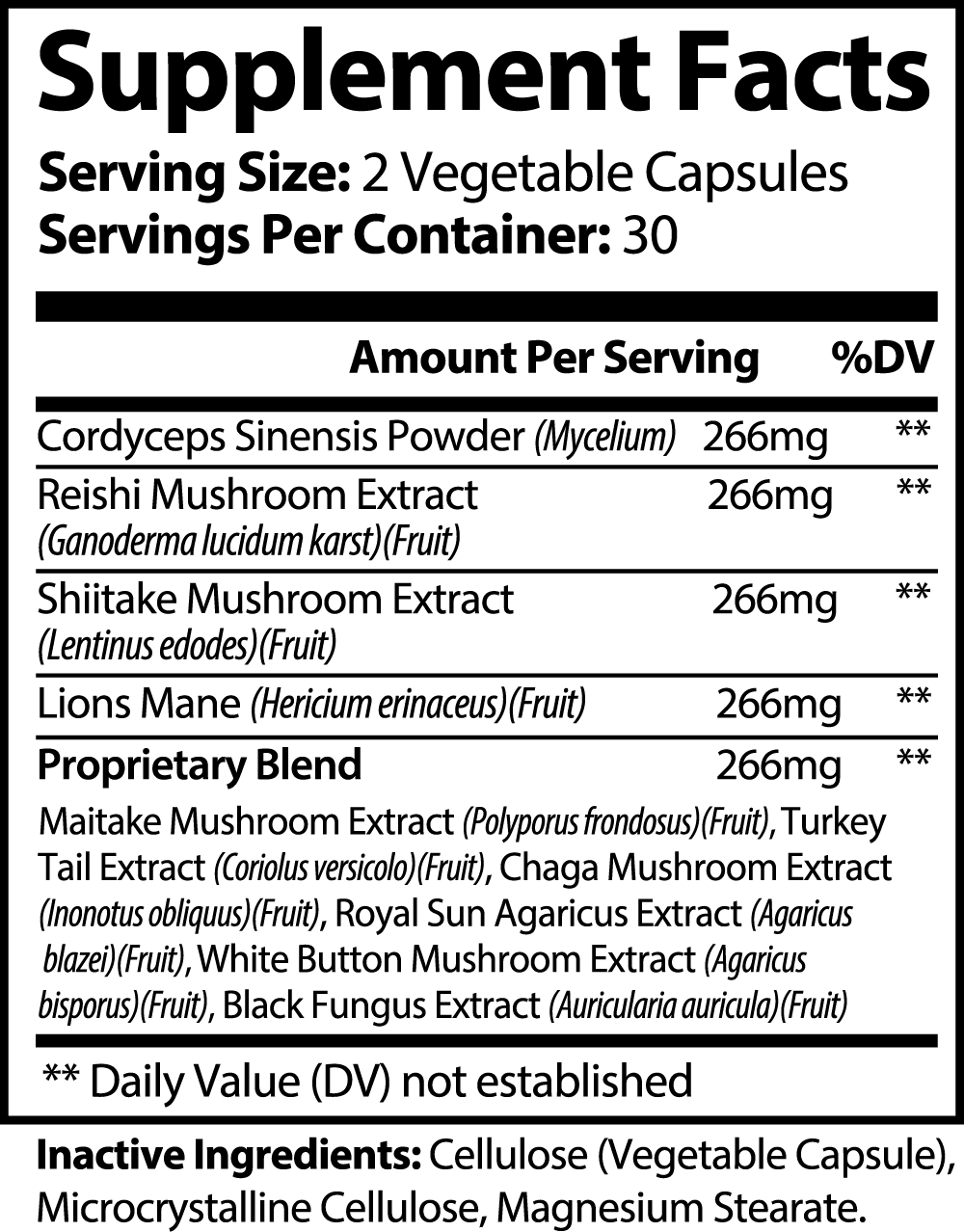 Supplement facts label for Mushroom 10X capsules by ViableSupps, showing nutritional details and proprietary mushroom blend ingredients.