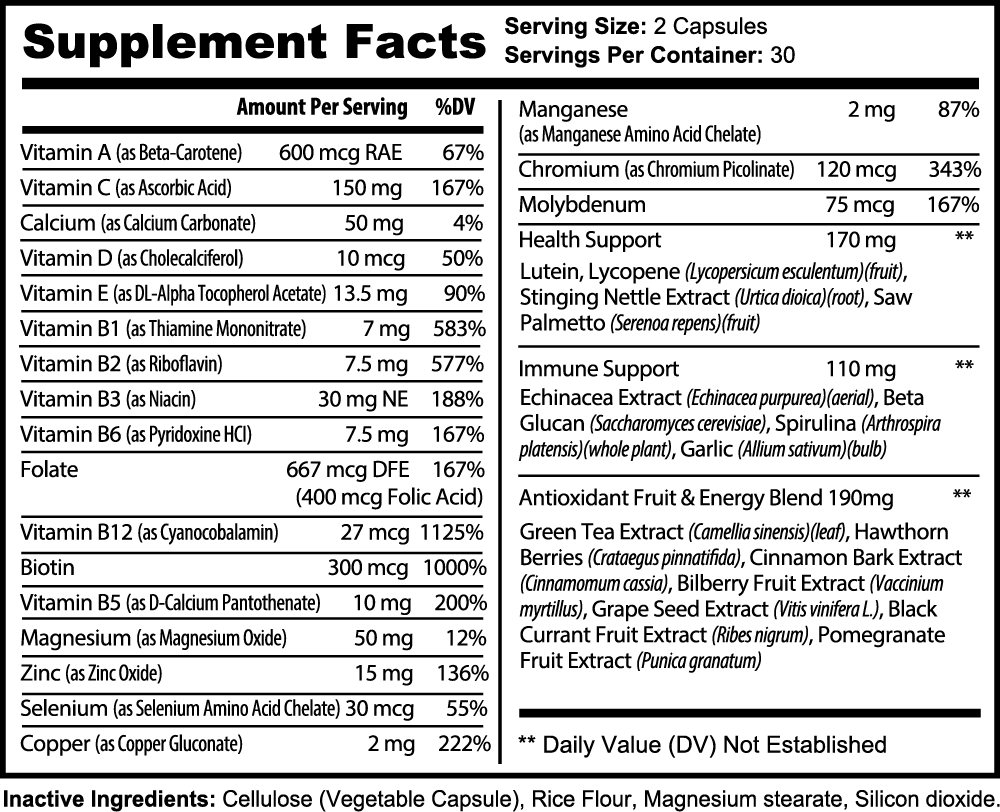 Viablesupps complete multivitamin supplement facts panel detailing the nutrients and ingredients in the product.