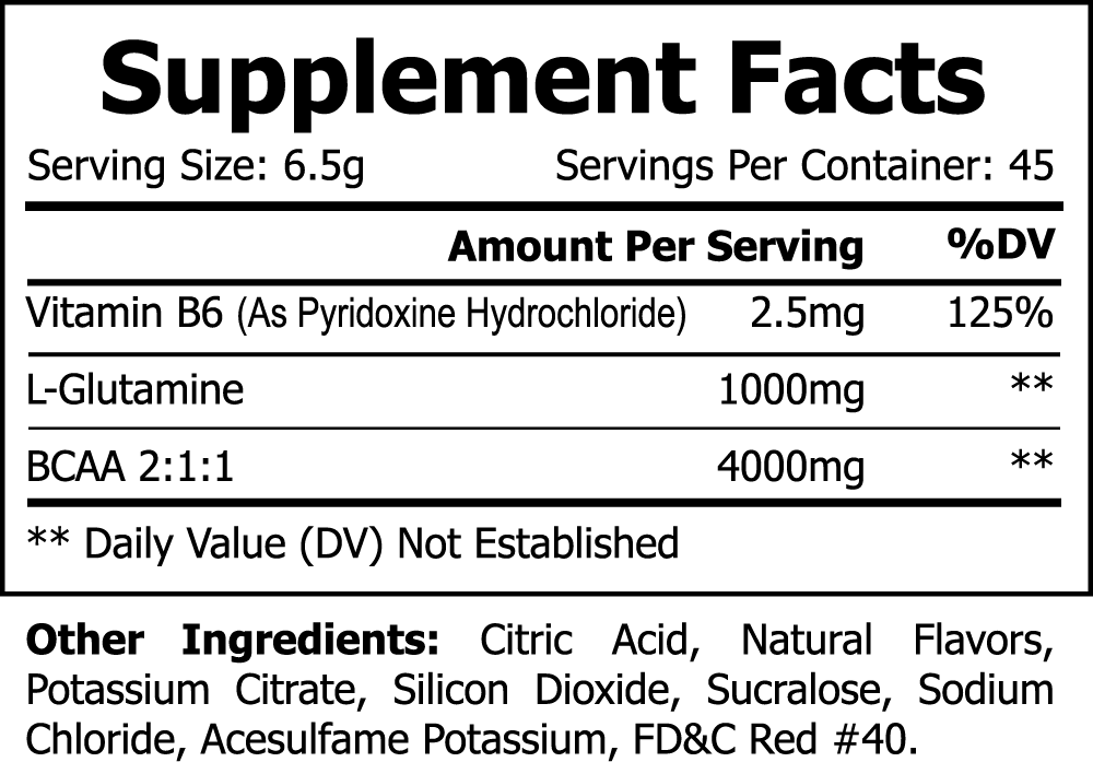 ViableSupps BCAA Shock Powder supplement facts label, highlighting the ingredients L-Glutamine, BCAA 2:1:1, and Vitamin B6 for recovery and muscle growth support.