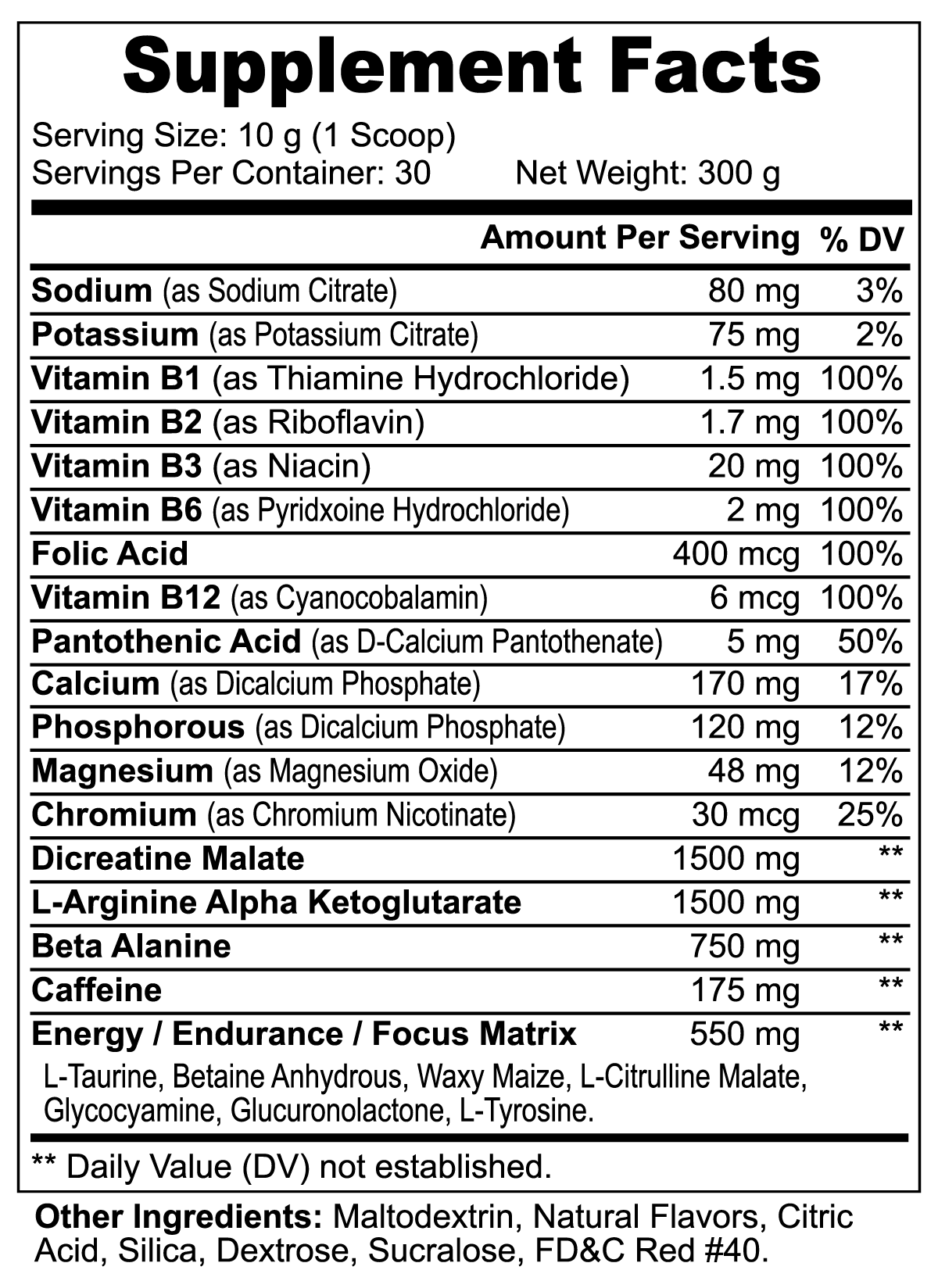 Supplement facts label showing detailed ingredients and nutritional values for Nitric Shock Pre-Workout Powder by ViableSupps