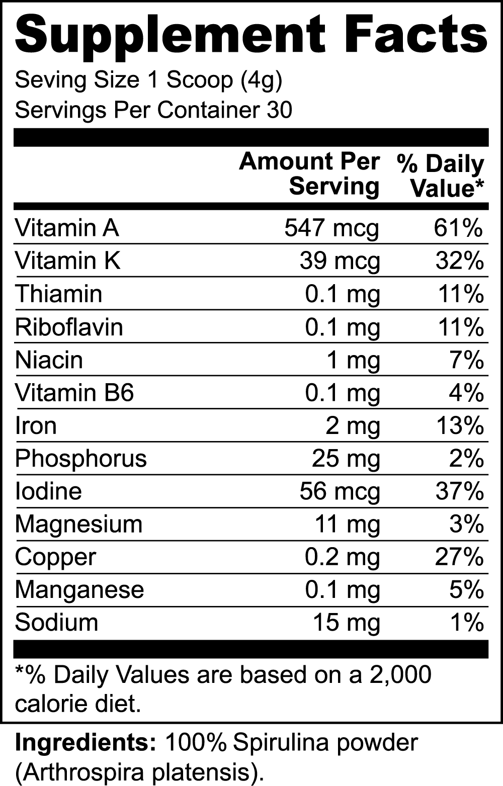 Supplement facts panel for ViableSupps Organic Spirulina Powder, listing essential vitamins and minerals like Vitamin A, Magnesium, and Iron.