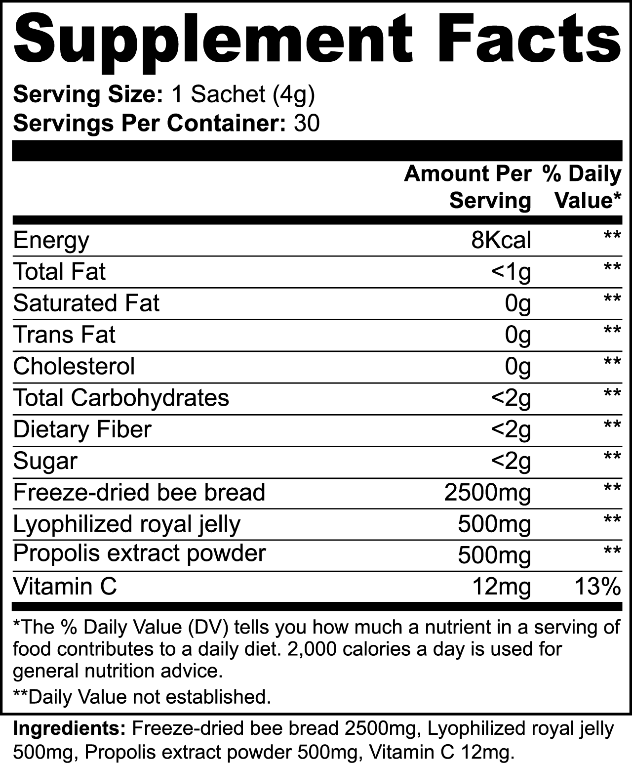 Supplement facts for Viablesupps Bee Pearl, listing royal jelly, bee bread, propolis, and vitamin C content.